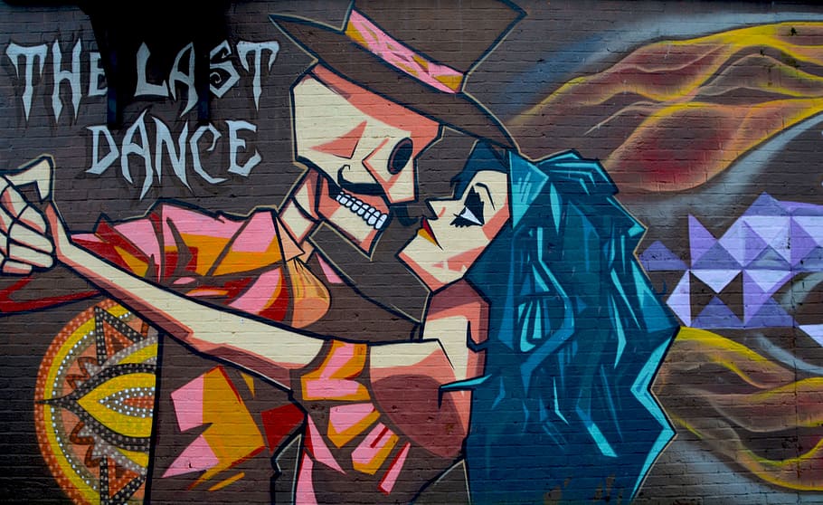 El último baile esqueleto y mujer bailando pintura arte callejero