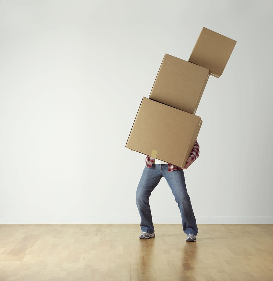 person wearing red shirt carrying three brown boxes, boxes, cardboard, carrying, overload, move, person, load, falling, metaphor, usda, moving, carry, package, message, no plan, problem, impulsive, HD wallpaper