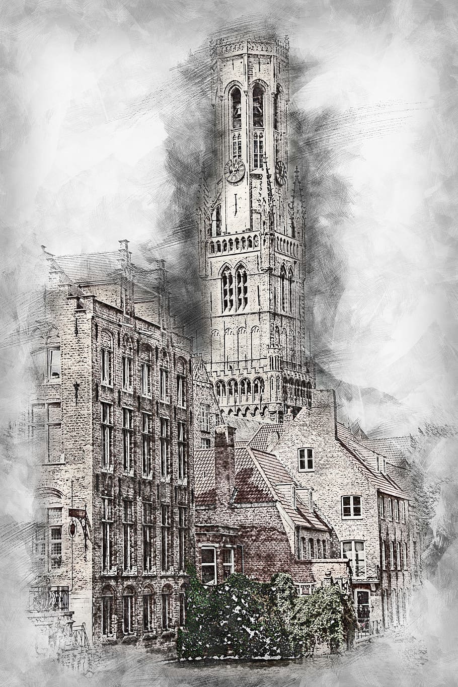 high-rise building sketch, belfry, tower, bruges, canal, channel, romantic, historically, places of interest, old town, idyllic, facades, architecture, medieval city, water, city, river, picturesque, brugge, belgium, structures, waterways, construction art, culture, beautiful, city view, romance, tourism, old, masonry, sky, old buildings, bridge, stone bridge, summer, trees, building, antique, ancient building, middle ages, stone wall, hdr processing, steinweg, the venice of the north, world heritage, unesco, unesco world heritage, 13, century, cultural monument, digital manipulation, photo art, HD wallpaper