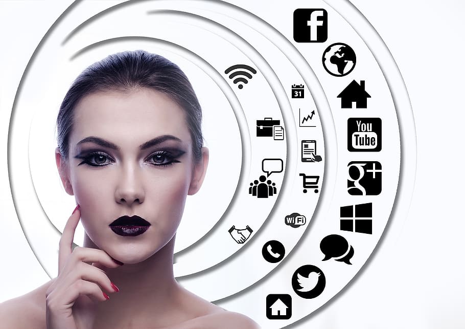 woman with black lipstick and hair photo, woman, face, head, question mark, circle, tree, structure, networks, internet, network, social, social network, logo, facebook, google, social networking, networking, social media, icon, website, presentation, multimedia, communication, media, www, connection, mobile phone, app, blue, business, buy a computer, email, e mail, photo, yellow, green, trade, interface, button, concept, drive, meeting, mobile, music, travel, pink, red, black, symbol, economic, HD wallpaper