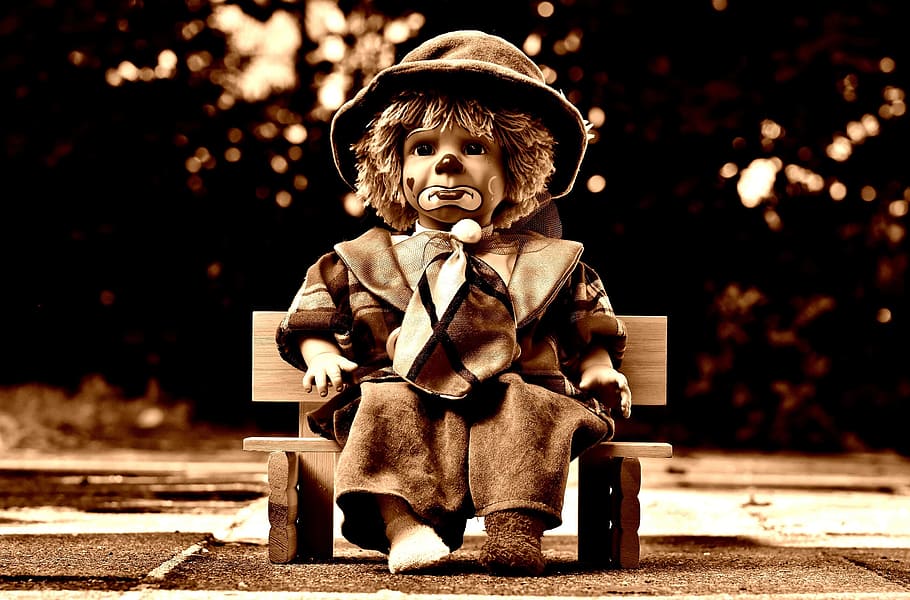 Doll, Clown, Sad, Sepia, Sweet, funny, toys, children, cute, one Person, people, old-fashioned, retro Styled, child, black And White, sepia Toned, concepts And Ideas, looking At Camera, old, portrait, males, nostalgia, childhood, sitting, children only, boys, HD wallpaper