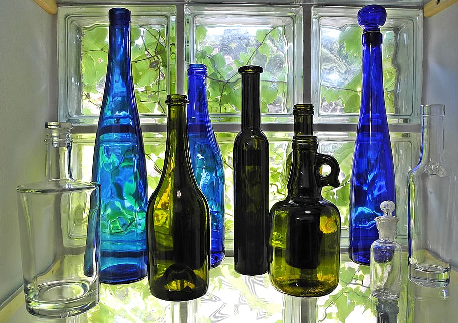 Bottle, glass, colored glass, decoration, window, blue, green