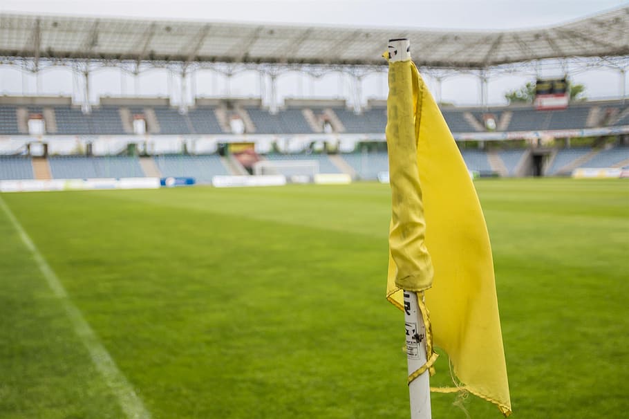 yellow flag in the middle of green grassy field, the ball, stadion, flag, football, the pitch, grass, game, sport, match, HD wallpaper