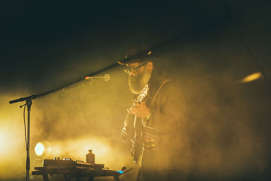 People, old, elderly, man, dark, guitar, musician, concert, microphone