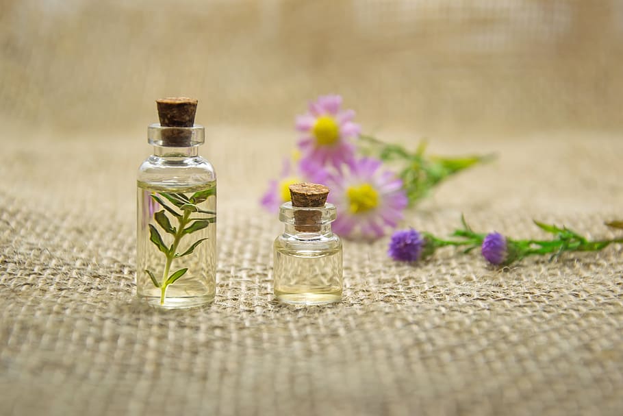 Two Clear Glass Bottles With Liquids, aromatherapy, bottles, close-up