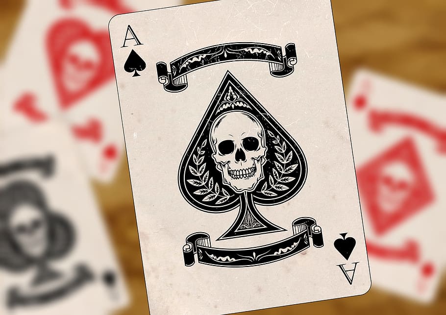 Ace of Spade playing card, playing cards, ace, heart, cross, pik, diamonds, card game, skat, play, gambling, skull and crossbones, HD wallpaper