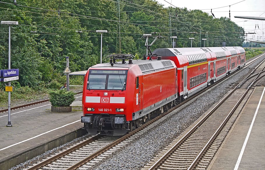 รถไฟสีแดง, ภูมิภาคด่วน, สองชั้น, หยุดระหว่างทาง, สถานีรถไฟ, หยุด, หัวรถจักรไฟฟ้า, br146, br 146, แขนแอปเปิ้ล, Münsterland, ระบบขนส่ง, รถไฟ, ทางรถไฟ, ทางรถไฟ, การจราจรในภูมิภาค, รถไฟภูมิภาค, ทางรถไฟ การจราจรการขนส่ง Deutsche Bahn, DB, การจราจรทางการทูต, Westphalia - ไรน์แลนด์, วอลล์เปเปอร์ HD