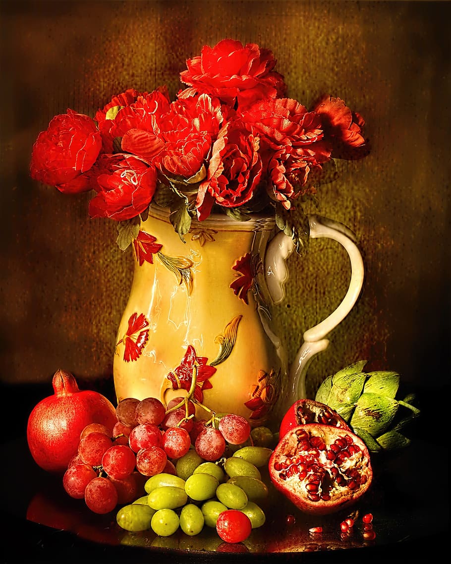 ดอกกุหลาบสีแดงในแจกันเซรามิกสีน้ำตาลประดับด้วยผลไม้นานาชนิด, ภาพนิ่ง, ชีวิตยังคง, วิจิตรศิลป์, ภาพวาด, ศิลปะบนผนัง, ดอกไม้, ผลไม้, ผลไม้, ผลไม้, ผลไม้, วอลล์เปเปอร์ HD, วอลเปเปอร์โทรศัพท์