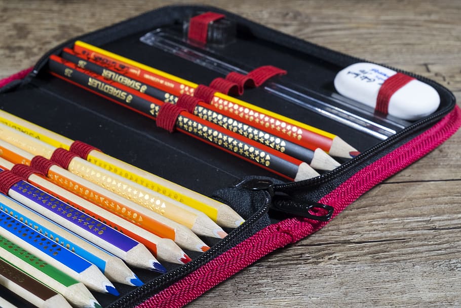 assorted-color pencils with eraser on pouch, back to school, school, pencil cases, pencil case, school start, pens, colored pencils, pencil, school supplies, leave, eraser, training, school launch, schulbeginn, HD wallpaper