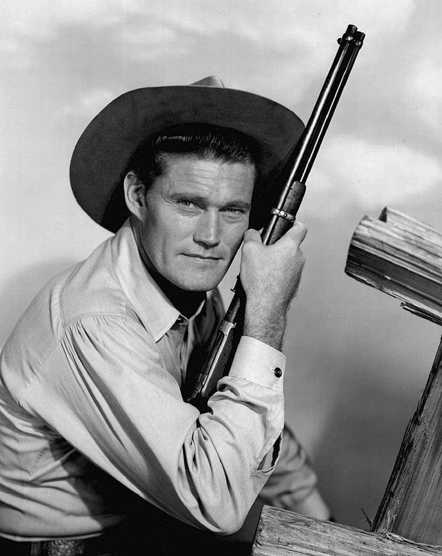 grayscale photo of man holding rifle, chuck connors, actor, television, tv, series, retro, rifleman, movies, film, cinema, classic, entertainment, vintage, hollywood, western, cowboy, rifle, gunman, HD wallpaper