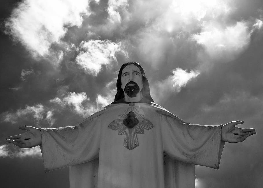 Statue, jesus christ, open arms, religion, belief, photo white black