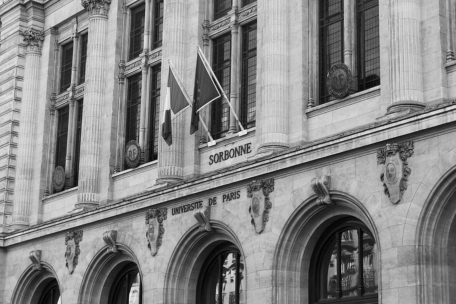 Sorbonne, france, university, architecture, building, facade, flags ...