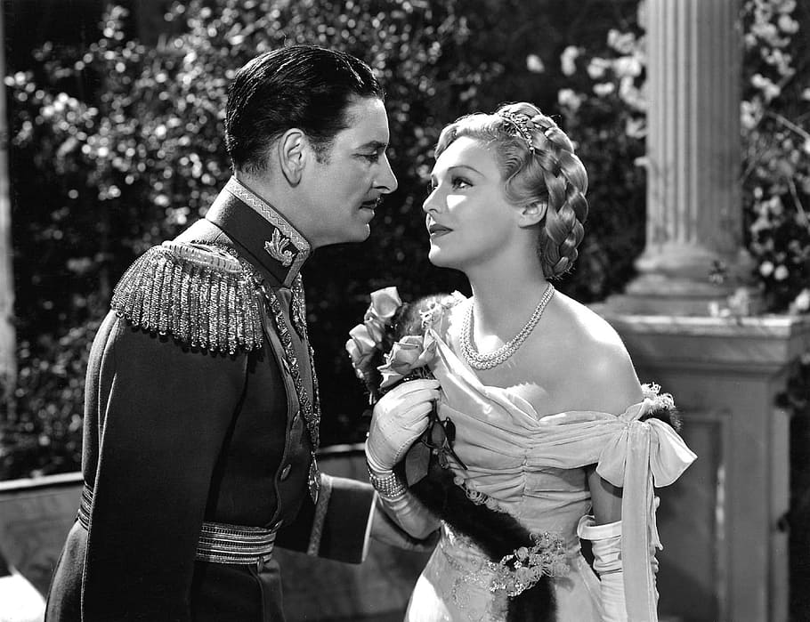 grayscale photo of woman and man standing, ronald colman, madeleine carroll, romance, actor, actress, british, american, films, hollywood, 30's, 40's, movies, motion pictures, star, cinema, HD wallpaper