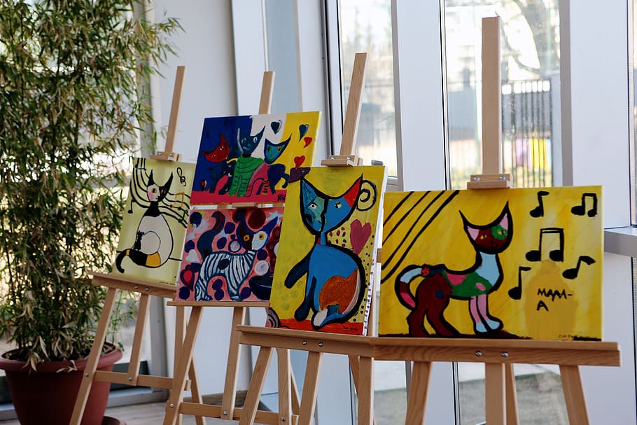 ภาพวาดแมวห้าภาพพร้อมขาตั้งนักเรียนรูปภาพนิทรรศการแกลเลอรีนิทรรศการภาพวาดแมวศิลปะ, วอลล์เปเปอร์ HD