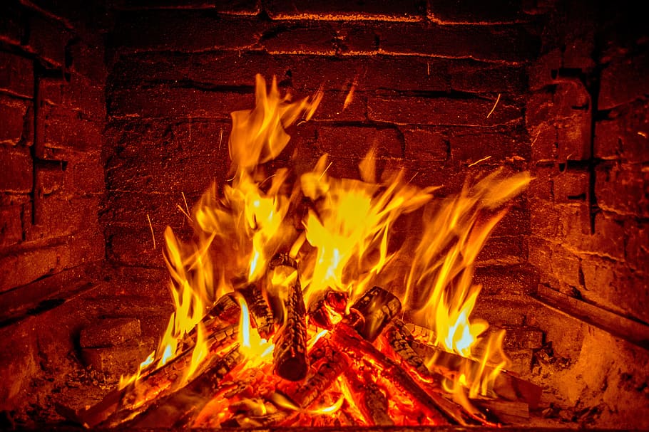 woods flaming inside fireplace, fireplace, fire, barbecue, wood, flame, HD wallpaper