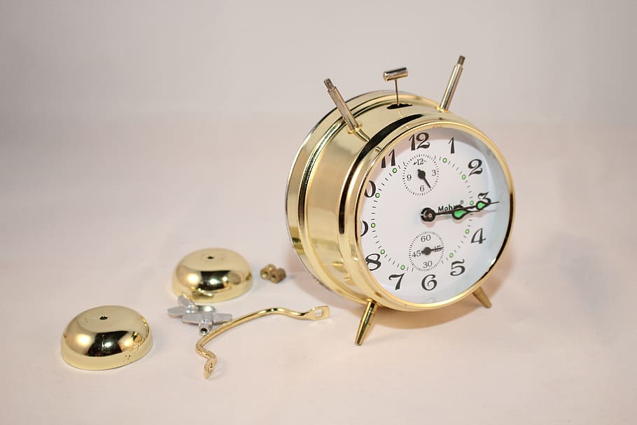 Round Brass and White Bell Alarm Clock, alarm, alarm clock, Analogue