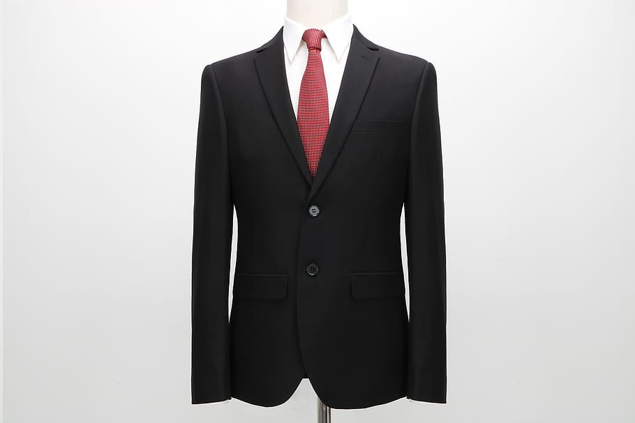 white dress shirt, red necktie, and black suit on dress form, suit, suits, men's suits, HD wallpaper