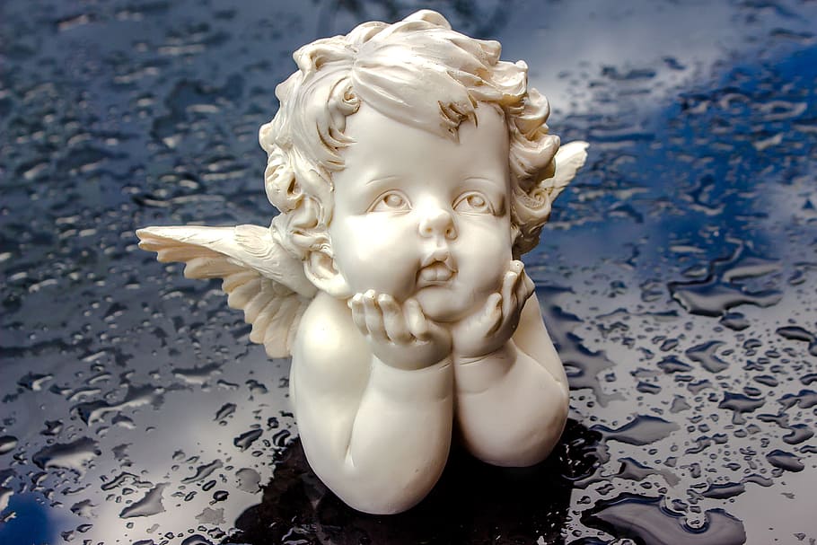 white ceramic angel head bust, angel, figure, sitting, head supportively, looking upwards, mirroring, sky, drop of water, sweet, HD wallpaper