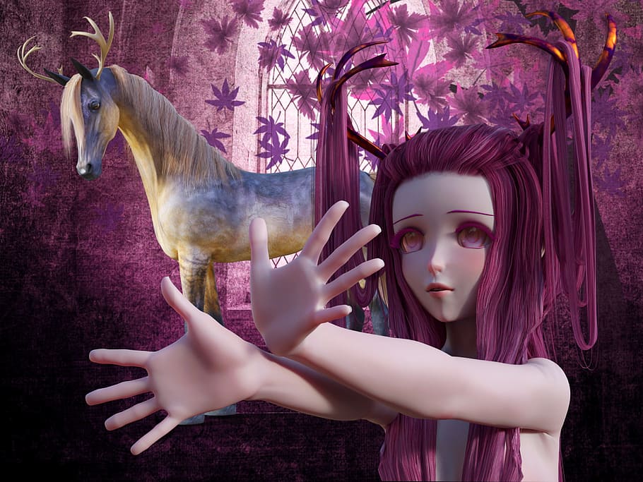 female anime character digital wallpaper, fee, fantasy, horse, unicorn, antler, fairy tales, fantasy picture, mystical, atmosphere, animal, fairy tale, magenta, warrior, horn, amazone, mythical animal, woman, mythical creatures, forest, star, middle ages, dream world, wild, HD wallpaper