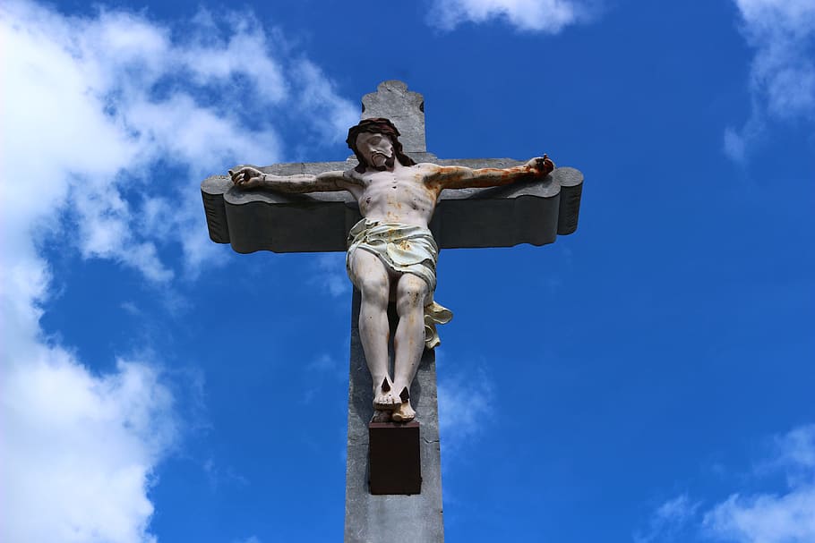 Jesus on Cross statue, cross, religious, christ, sky, france, heritage, cloud, cross stone, HD wallpaper