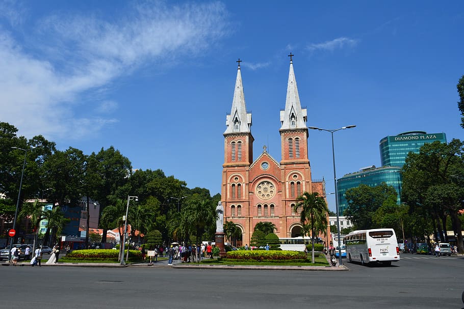 brown and white concrete cathedral, Cathedral, Church, Church, Architecture, Saigon, cathedral, church, architecture, ho chi minh city, vietnam, notre-dame, basilica, catholic, tree, sky, outdoors, built structure, building exterior, HD wallpaper