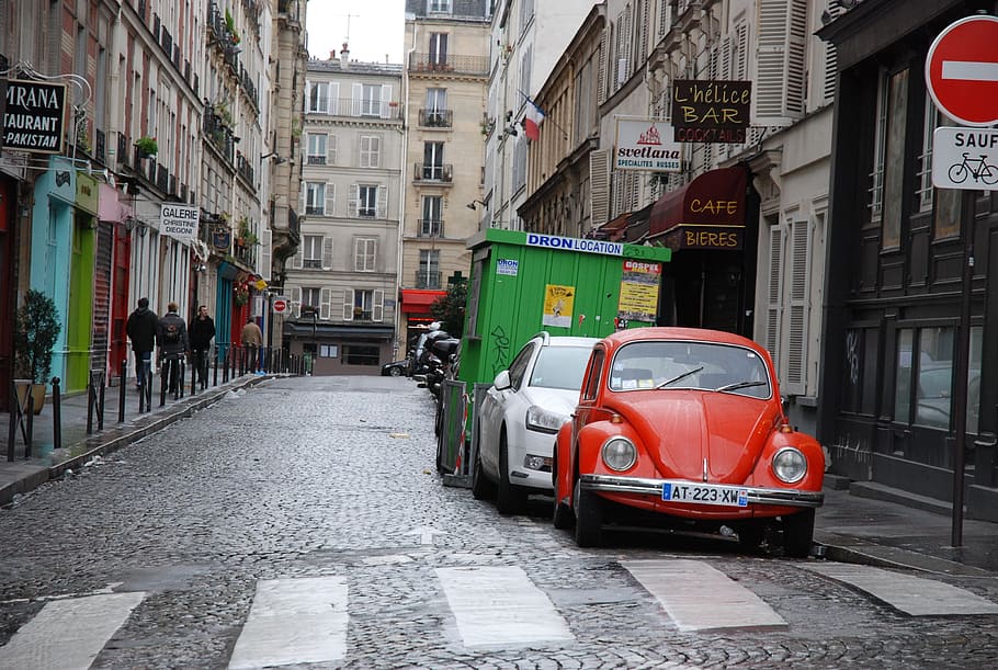 Red Volkswagen Beetle Parked Near Pedestrian Paris Street Cars Buildings Hd Wallpaper