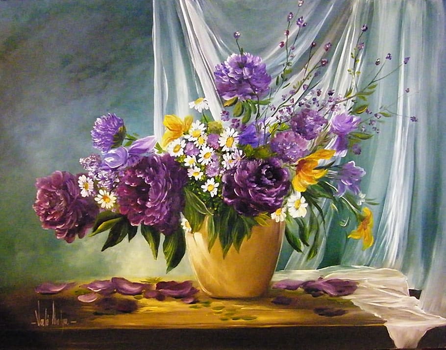 ภาพวาดการจัดดอกไม้สีม่วงรูปภาพศิลปะประจำเดือนสีม่วงดอกไม้แจกันภาพวาดสีน้ำมัน, วอลล์เปเปอร์ HD