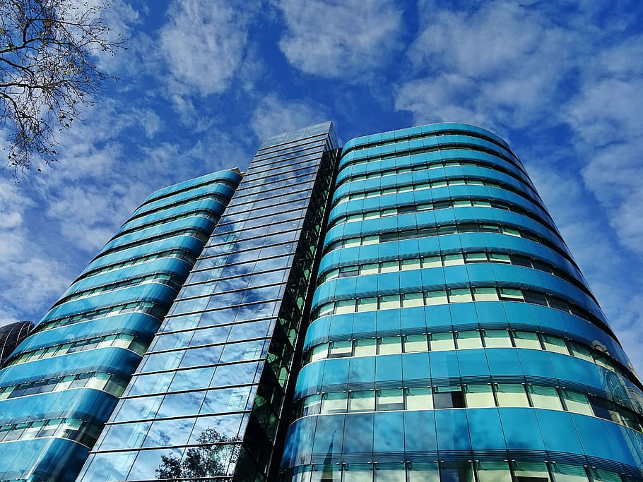 Low Angle Photography of Blue Tinted Glass Buildings, architectural