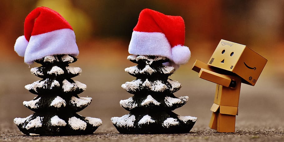 Closeup Photo Of Box Figurine Near The Mini Christmas Trees Danbo Christmas Hd Wallpaper 4569