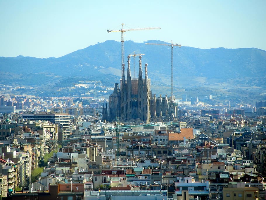 High rise buildings near mountain, barcelona, church, spain, places of ...