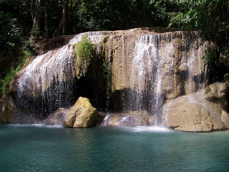 Brown waterfalls surrounded by trees during daytime, waterfall, erawan ...