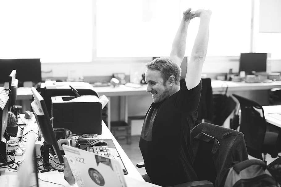 grayscale photo of man lifting stretching sitting on chair in front of computer set, grayscale, photo, man, on chair, front, computer, set, adult, break, business, caucasian, chill, company, connection, desk, mature, men, network, office, person, relax, relaxation, sit, small business, startup, stretching, table, technology, time, use, work, work station, worker, workplace, workspace, black And White, people, one Person, working, caucasian Ethnicity, males, indoors, one man only, only men, human arm, adults only, arms raised, HD wallpaper